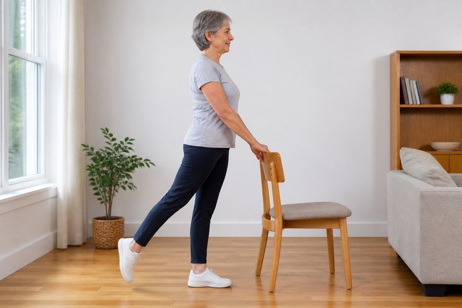 Rodillas y tobillos más fuertes: ejercicios sencillos con progresión — Imagen 1 Mujer mayor practicando una extensión de cadera con apoyo en una silla